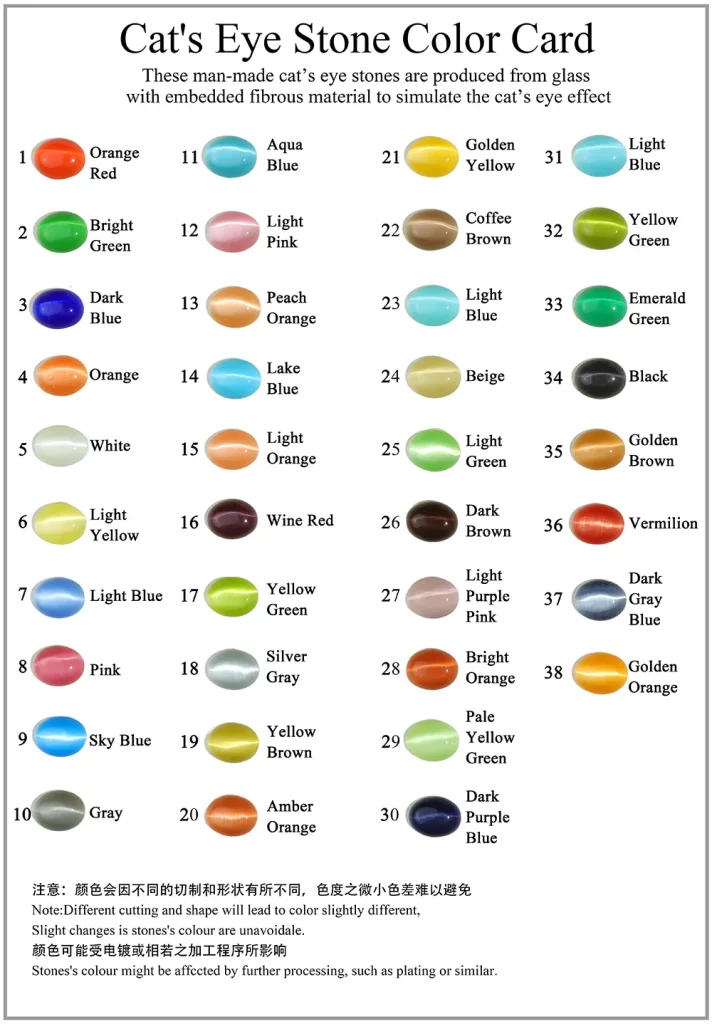 Haosen Jewelry Manufacturer Cat Eye Stone Color Reference Card Showing Glass Fiber Cabochon Options for Custom Jewelry Setting