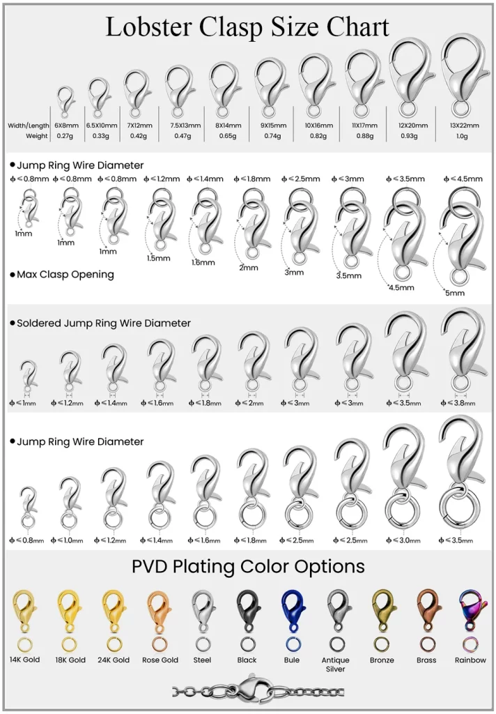 Haosen Lobster Clasp Size Chart for Jewelry with PVD Plating Color Options and Jump Ring Wire Diameter Details