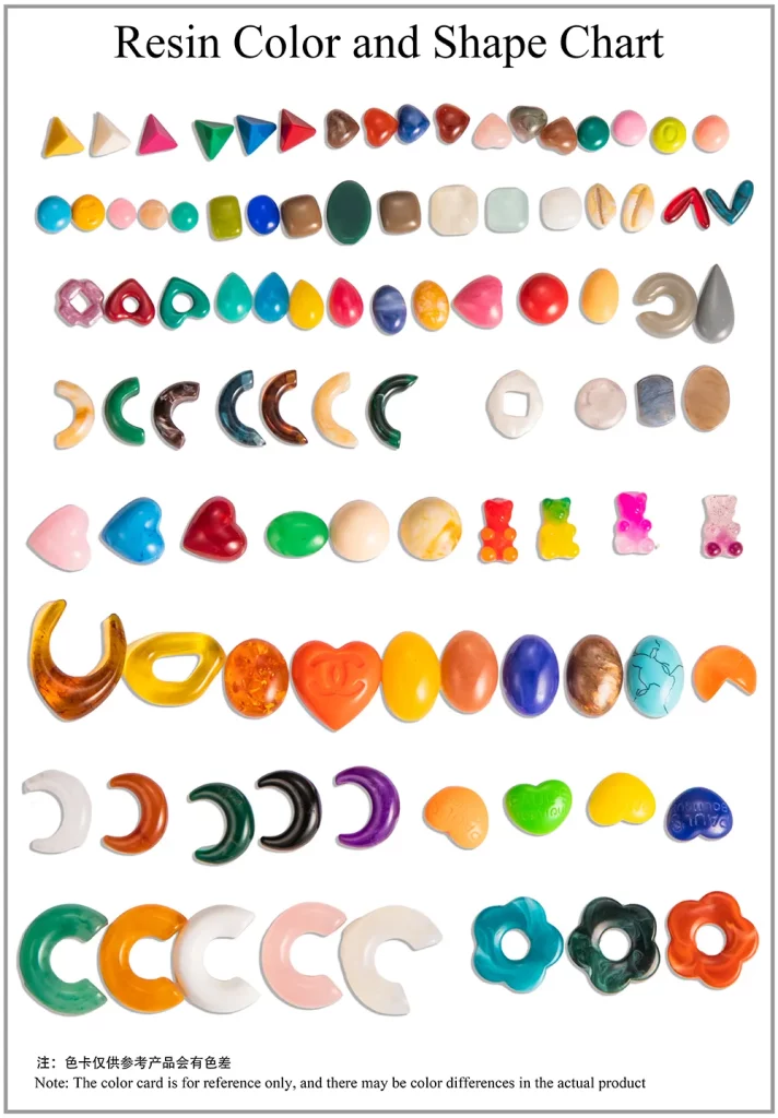 Haosen Jewelry Factory Resin Color and Shape Sample Chart for Custom Earrings Pendants and Jewelry accessories