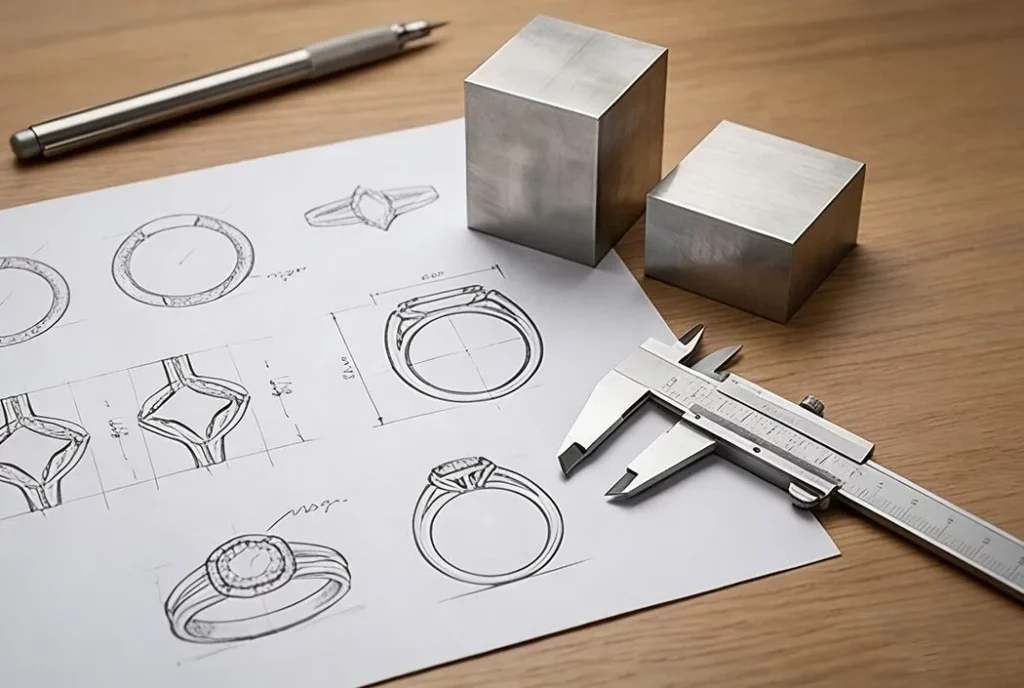 Stainless steel jewelry design validation with technical drawings and material samples at Haosen