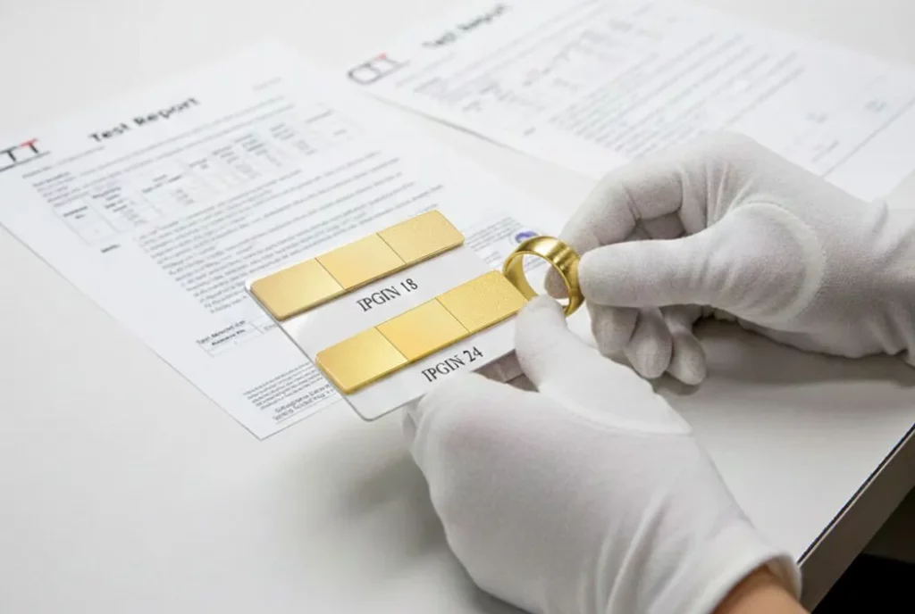 Stainless steel jewelry material testing and PVD color verification during quality control at Haosen