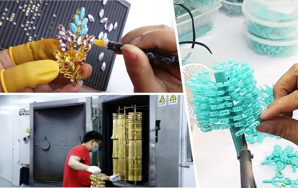 Haosen jewelry factory showing wax tree casting, stone setting, and PVD plating process for custom fashion jewelry production
