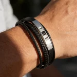 Male Model Wearing Black Multi-layered Braided Leather Bracelet for Wholesale Buyers