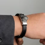 Male Model Wearing Eagle Head Leather Bracelet for Wholesale Buyers