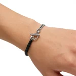 Male Model Wearing Stainless Steel OT Clasp Minimalist Chain Leather Bracelet for Wholesale Buyers