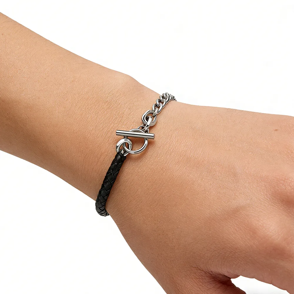Stainless Steel OT Clasp Minimalist Chain Leather Bracelet Jewelry Source Factory