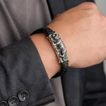 Male Model Wearing Stainless Steel Punk Street Style Friendship Leather Bracelet for Wholesale Buyers