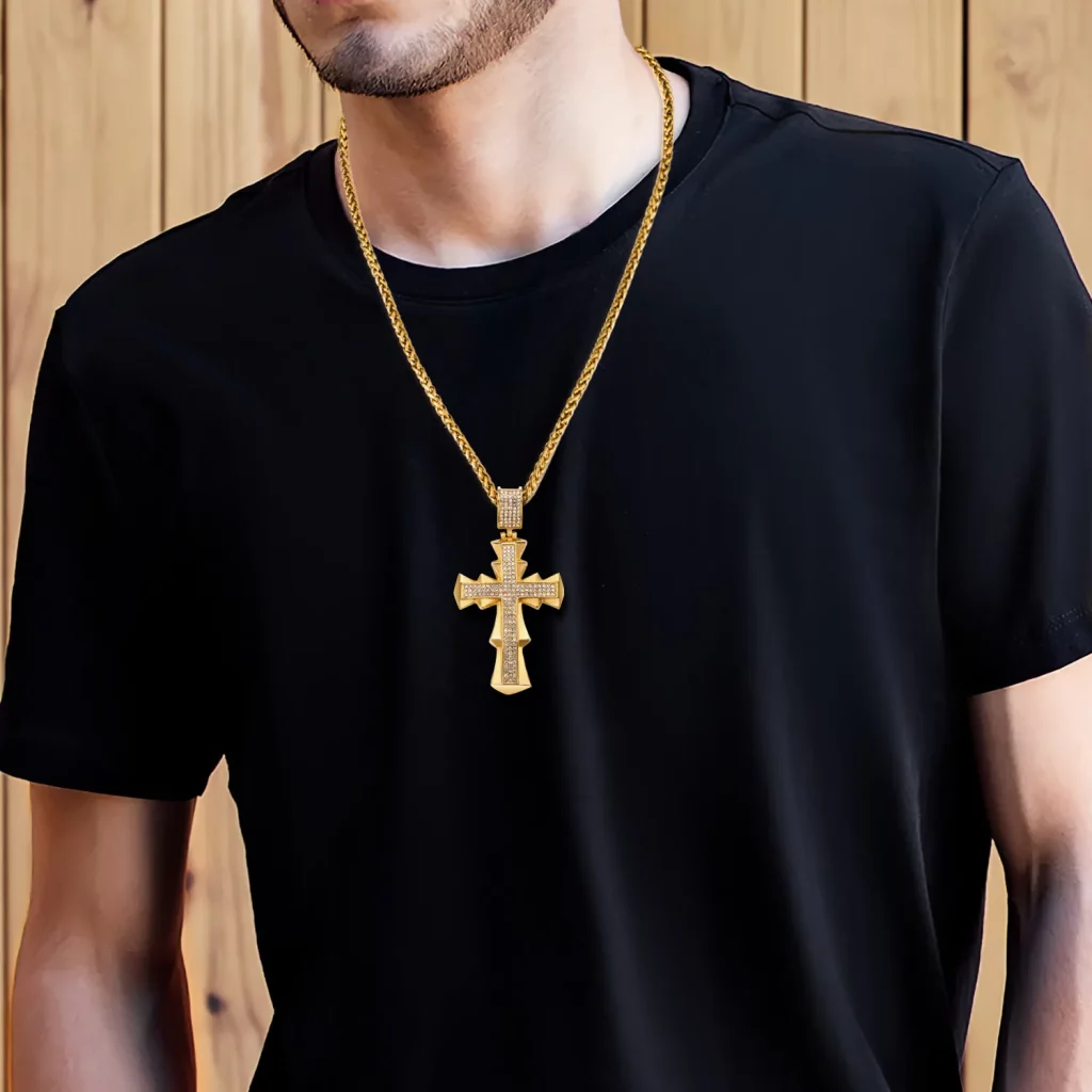 Male model stainless steel 18k gold-plated cross necklaces supplier for private label