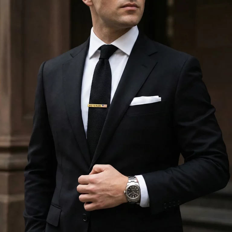 Male model wearing brass 18k gold plated Veteran Military American Flag Tie Clip to showcase fit for men's accessories