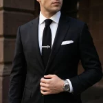 Male model wearing Brass Elegant Logo Tie Clip to showcase fit for businesses