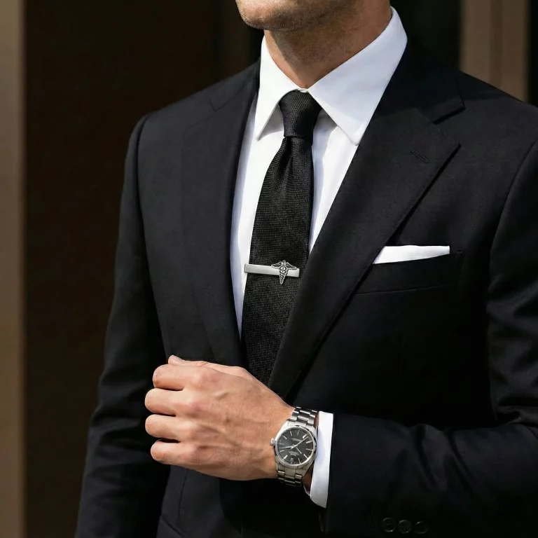 Male model wearing Medical Caduceus tie clip to showcase fit for boutique brands