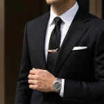 Male model wearing Rose Gold Animal Hunting Dog Tie Clip to showcase fit for Corporate Gifting