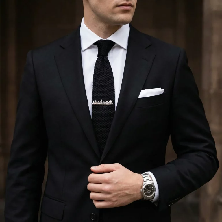 Male model wearing White Steel Tone Hildesheim Skyline Tie Clip from Bulk & Custom Jewelry Manufacturer for retailers
