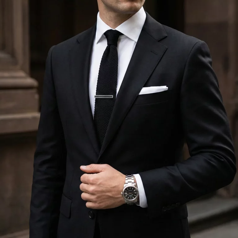 Male model wearing black enamel pattern logo tie clip to showcase fit for Online Boutiques