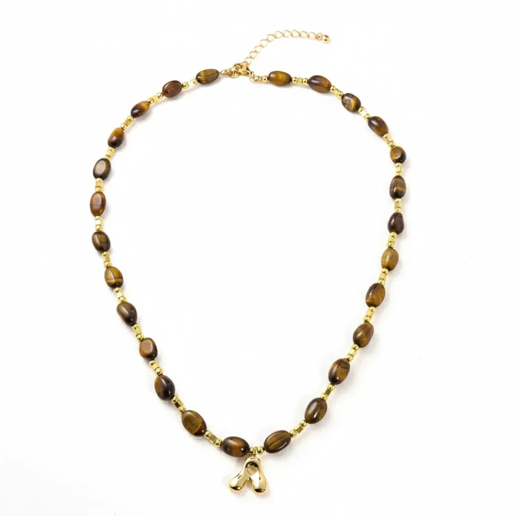 OEM Tiger Eye Natural Stone Beaded Necklace with Gold Plated Bead Mix