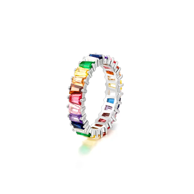 Rainbow Stainless Steel Birthstone Ring by Haosen designed with multi-color stones, offering a customizable option for jewelry brands and private labels.