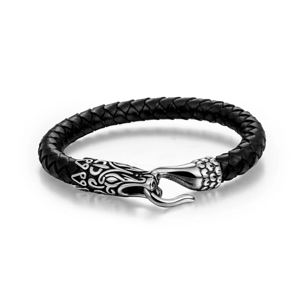 Stainless Steel Viking Dragon Braided Leather Bracelet Jewelry Source Factory