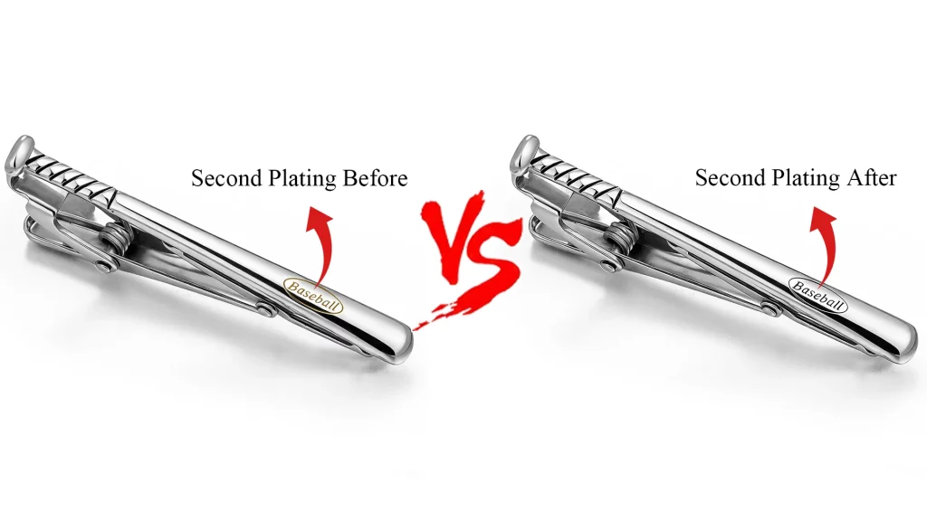Second electroplated brass tie clip before vs after comparison, custom baseball logo engraved ODM/OEM men's accessory for B2B jewelry custom orders