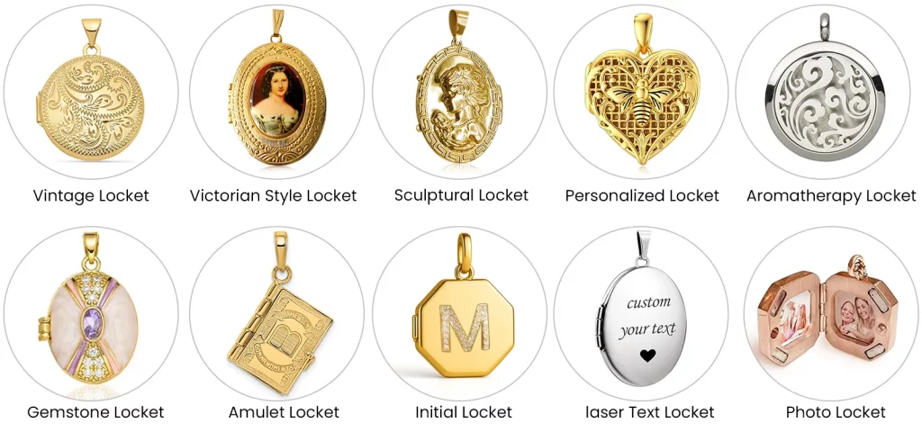 Custom locket pendant manufacturing service with various design options, including sculptural, vintage, and laser-engraved styles for bulk production