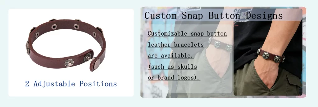 Customizable snap button leather bracelets are available