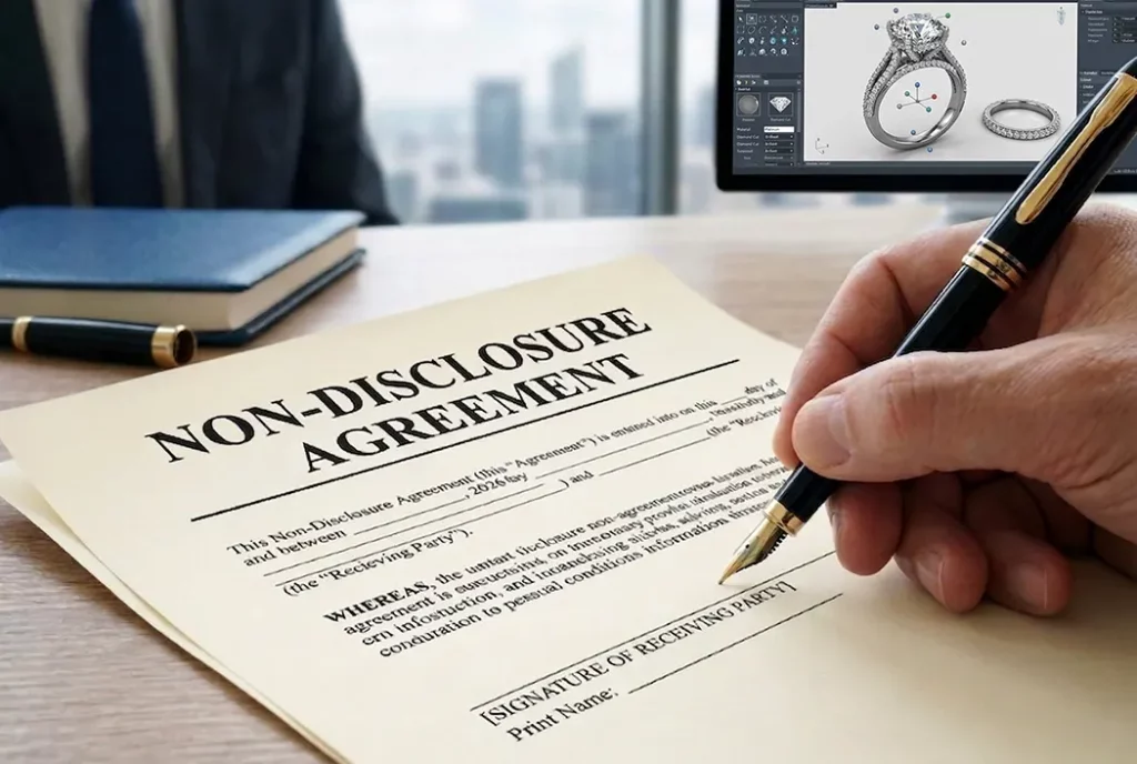 Non-Disclosure Agreement signing for custom jewelry manufacturing – IP protection, CAD design security, wholesale supplier legal compliance, B2B partnership