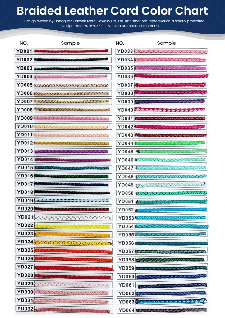 Haosen Jewelry Manufacturer Braided Leather Cord Color Options Chart for Custom women Leather Bracelet Production