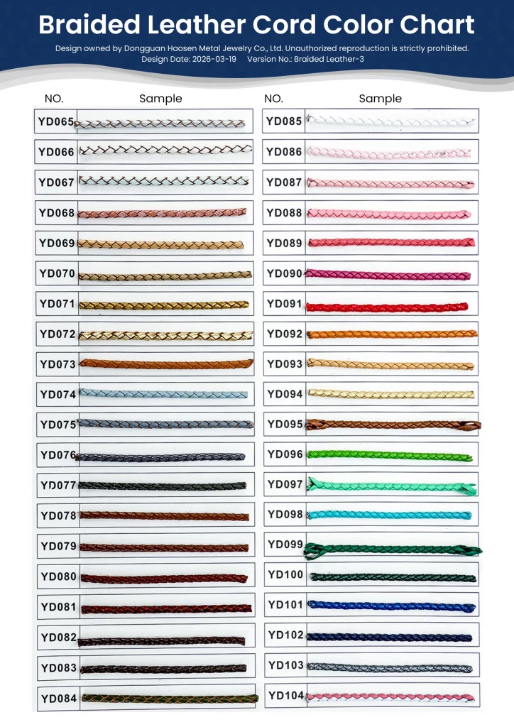 Haosen Jewelry Factory Braided Leather Cord Sample Selection Chart for Handmade Bracelets