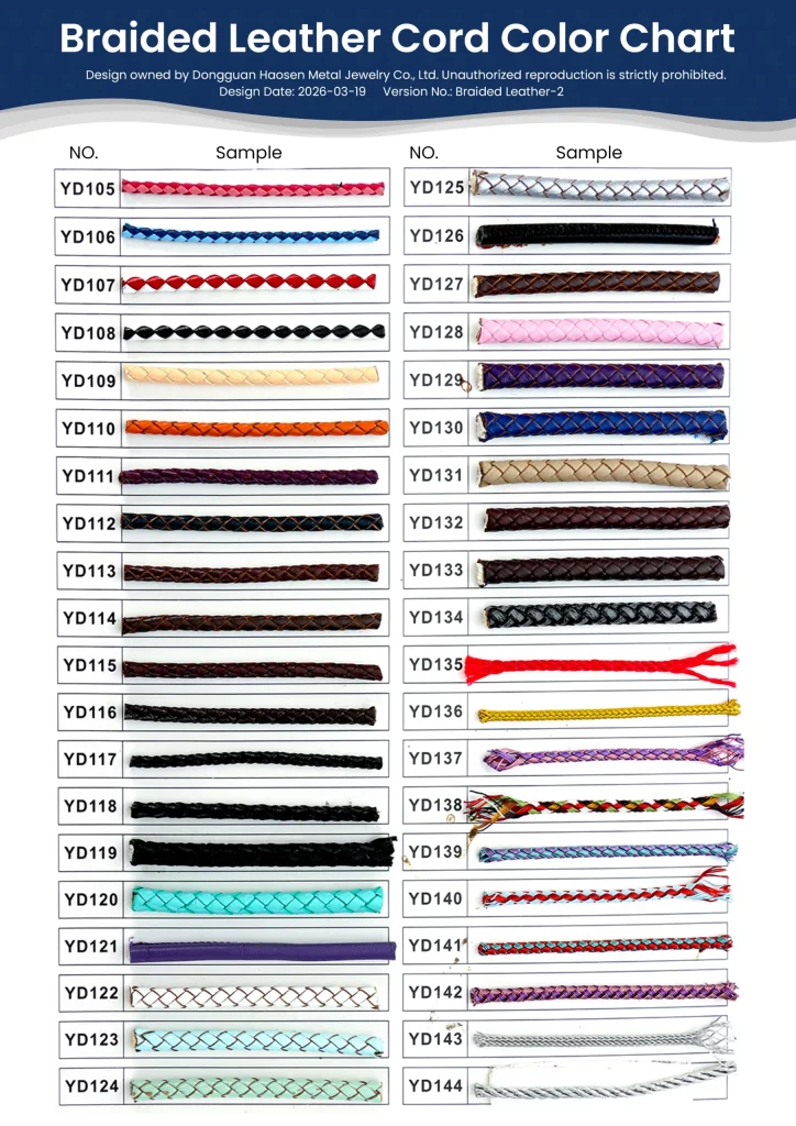 Haosen Custom Jewelry Supplier Braided Leather Cord for Leather Bracelet Sample Reference Chart Displaying Various Colors and Braided Textures