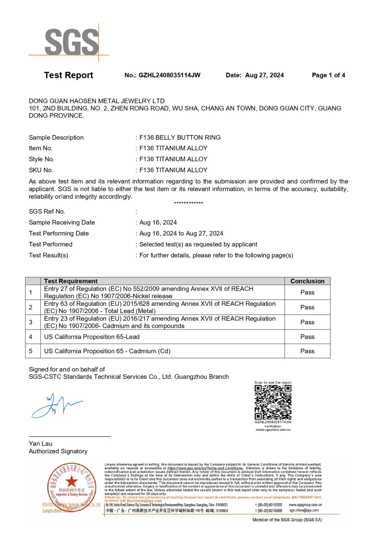 SGS Test Report cover page (No. GZHL2408035114JW) for an F136 Titanium Alloy Belly Button Ring. It shows a "Pass" result for Nickel release, Lead, and Cadmium tests under REACH regulations and CA Prop 65.