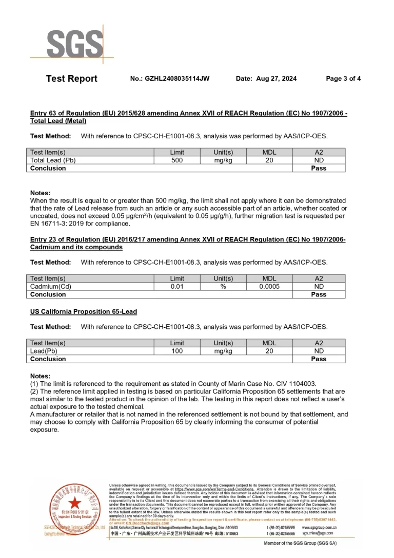 Test results for Total Lead and Cadmium content under EU REACH regulations and California Proposition 65. All tested items for sample A2 are marked as "ND" (Not Detected) with a "Pass" conclusion.