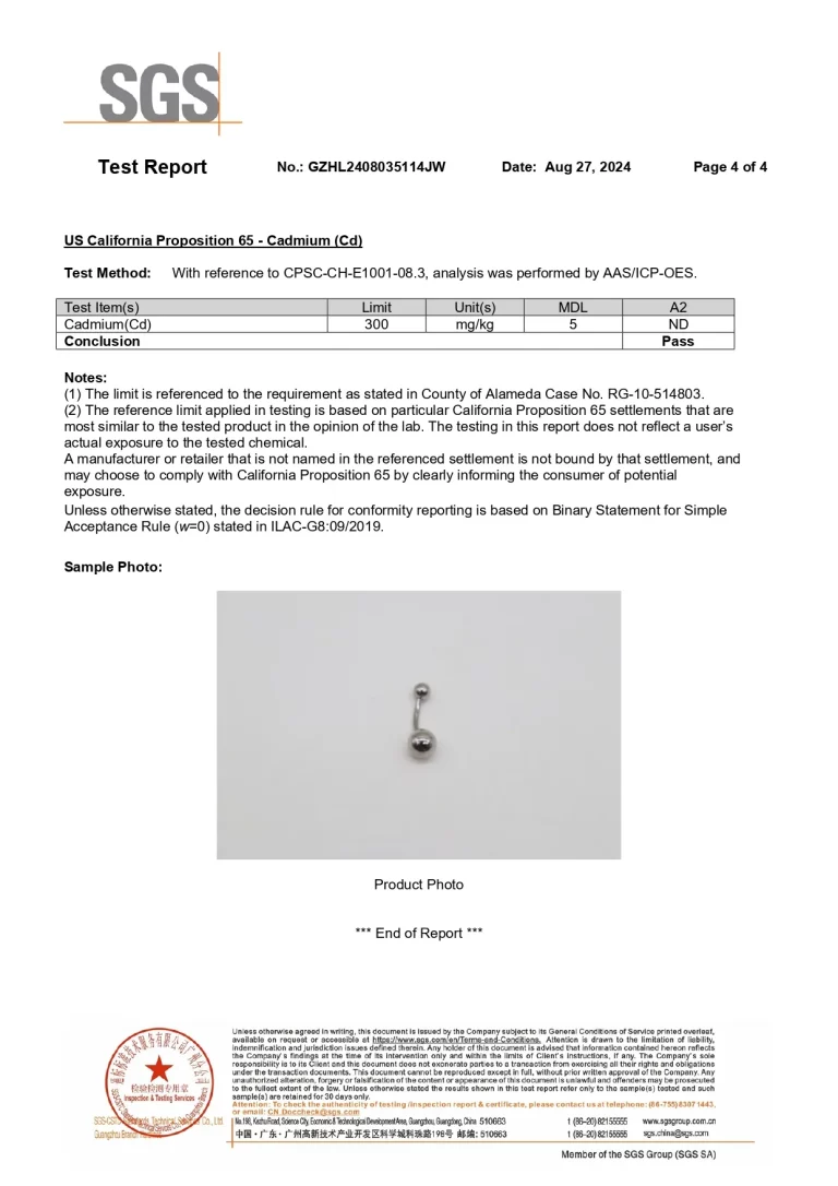 Final page of the report showing the test results for Cadmium under CA Prop 65 (Passed) and a product photo of the silvery titanium belly button ring.