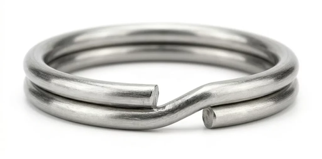 A close-up, side-view shot of a polished stainless steel round blank pendant or tag—attached via a small loop to a double-ring keychain—placed against a pure white background.