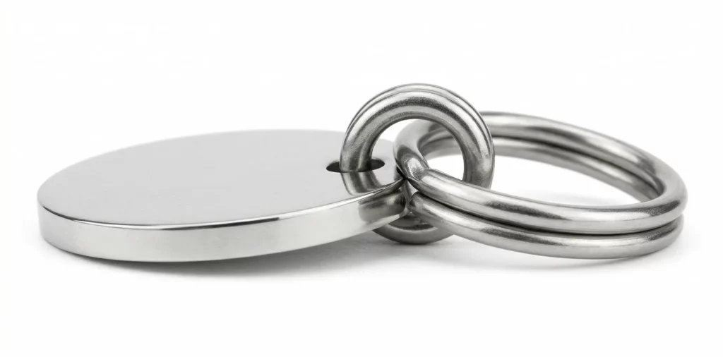 A close-up, side-view shot of a polished stainless steel round blank pendant or tag—attached via a small loop to a double-ring keychain—placed against a pure white background.