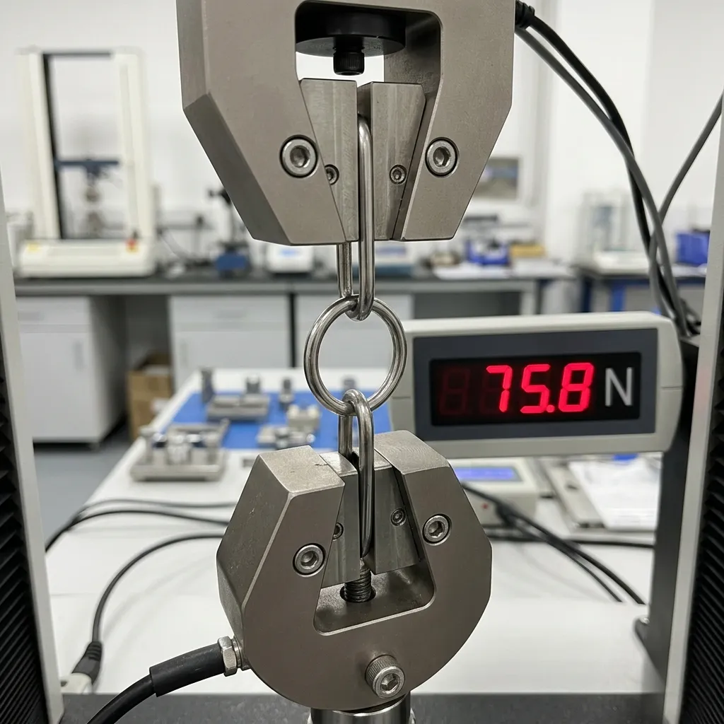 A close-up view of a metal O-ring and two chain links undergoing a tensile test in a universal testing machine within a laboratory.