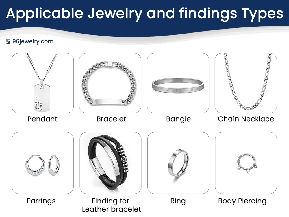 Stainless jewelry range from Haosen Fashion Jewelry Manufacturer including 316L stainless steel pendants, bracelets, rings, and body piercing findings for OEM/ODM.