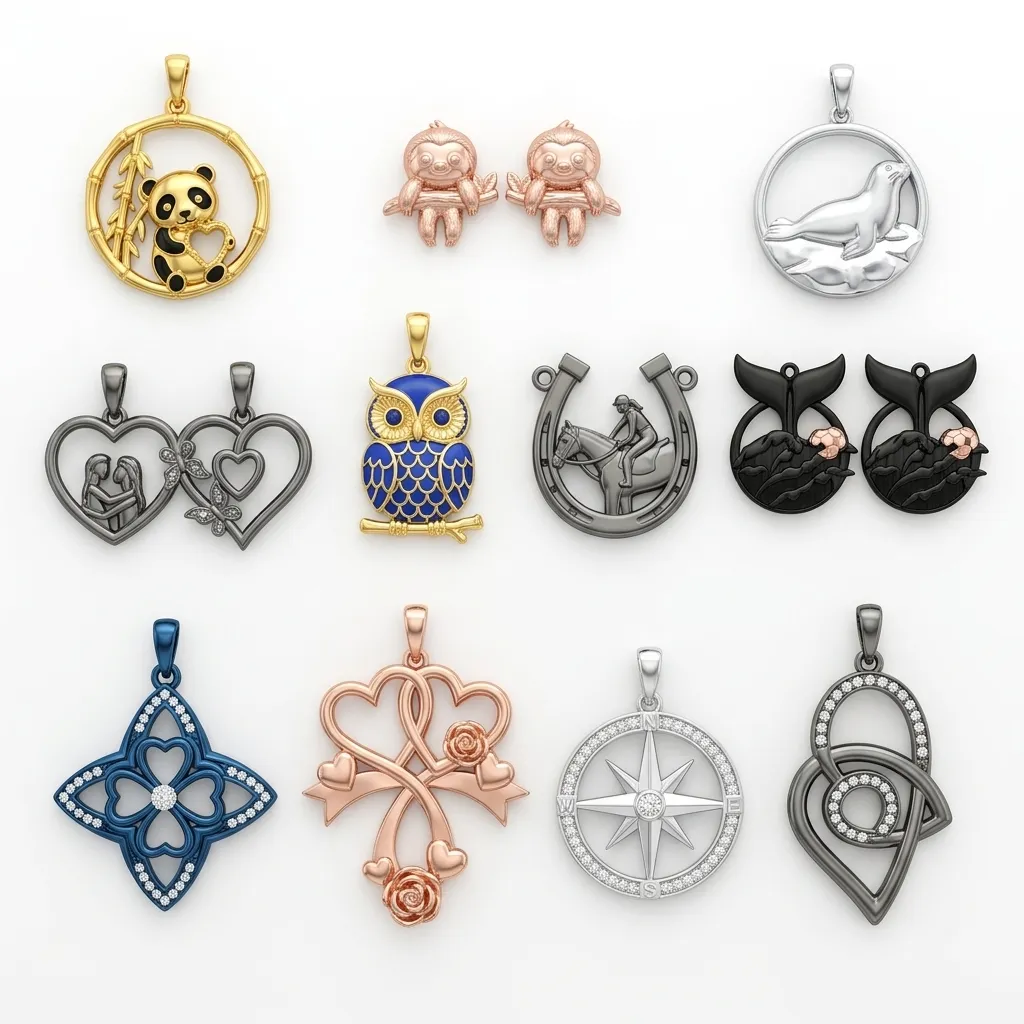 Flat-lay collection of exquisite stainless steel jewelry pendants – gold, rose gold, silver, and black tones, featuring gemstone and enamel accents, neatly arranged on white background, showcasing OEM custom finishing capabilities for charm bracelet manufacturing