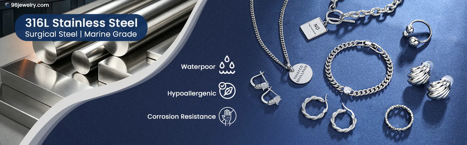 Surgical grade raw materials used by 316L stainless steel manufacturer Haosen to produce waterproof and hypoallergenic fashion jewelry collections.