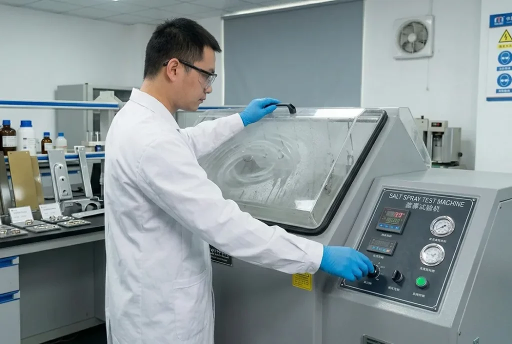 Operator running a salt spray testing machine (external lab) – Haosen Fashion Jewelry Manufacturer provides 48-72 hours salt spray testing report for 316L stainless steel jewelry.