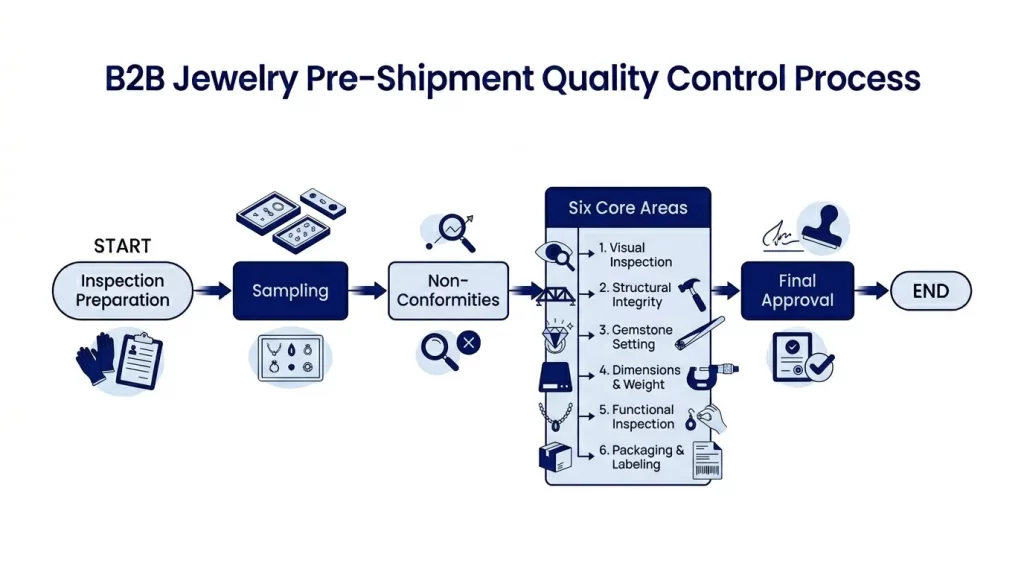 Gemini 说 A flow diagram illustrating a B2B Jewelry Pre-Shipment Quality Control Process. The chart starts with "Inspection Preparation," followed by "Sampling" and "Non-Conformities," and then moves to "Six Core Areas" which are: Visual Inspection, Structural Integrity, Gemstone Setting, Dimensions & Weight, Functional Inspection, and Packaging & Labeling. The process ends with "Final Approval." Each step includes associated icons.