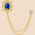 Vintage Zircon Double Chain Suit Brooch | French Luxury Lapel Pin for Men’s Formal Wear