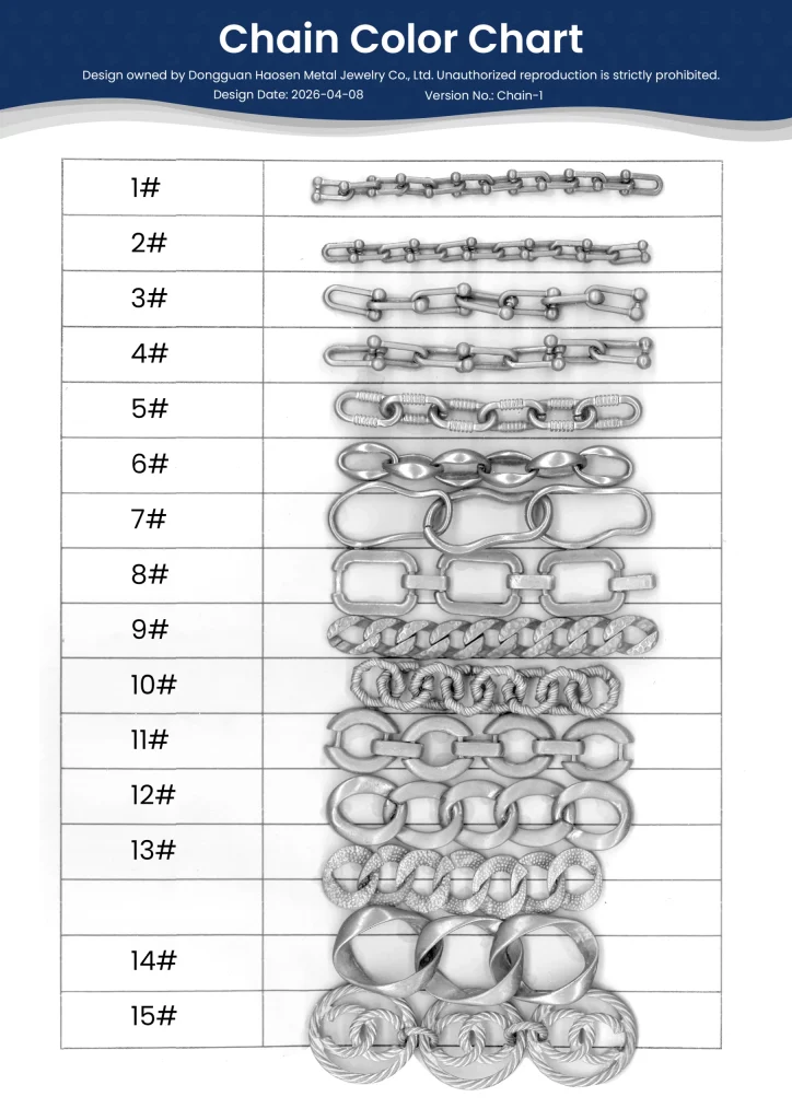 Jewelry chain style and size chart for wholesale distribution, featuring customizable lengths and materials for B2B jewelry brands.