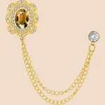 Vintage Zircon Double Chain Suit Brooch | French Luxury Lapel Pin for Men’s Formal Wear