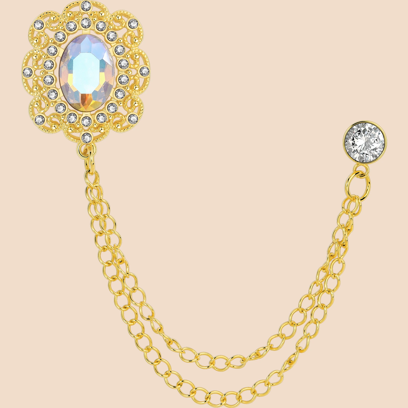 Vintage Zircon Double Chain Suit Brooch | French Luxury Lapel Pin for Men's Formal Wear - Image 13