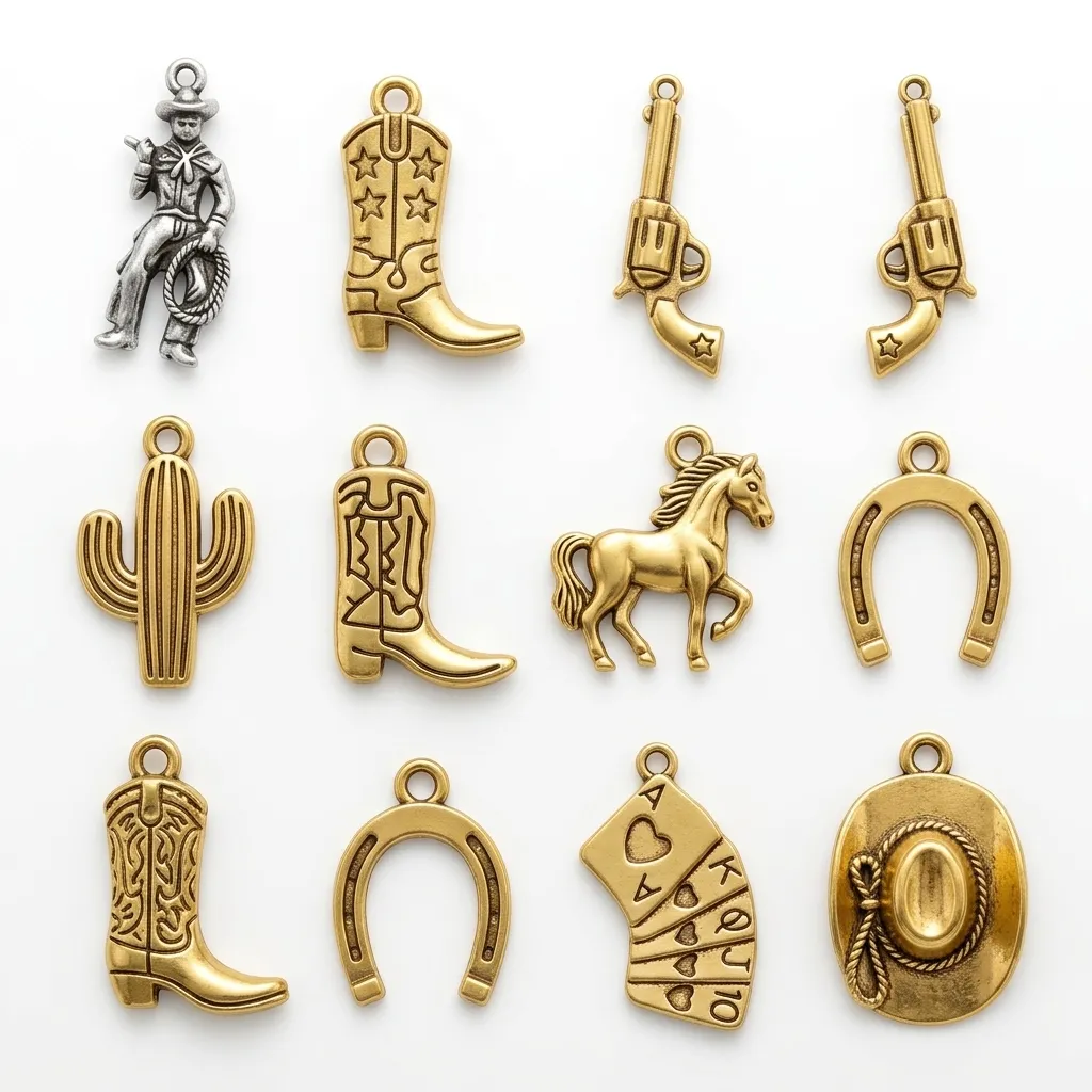 Custom cowboy charm guide – B2B reference for OEM/ODM Western-themed charms featuring boots, hats, horseshoes, and stars, available in stainless steel, brass, or zinc alloy with antique finishes, ideal for rugged and vintage charm bracelet collections, bulk order ready.