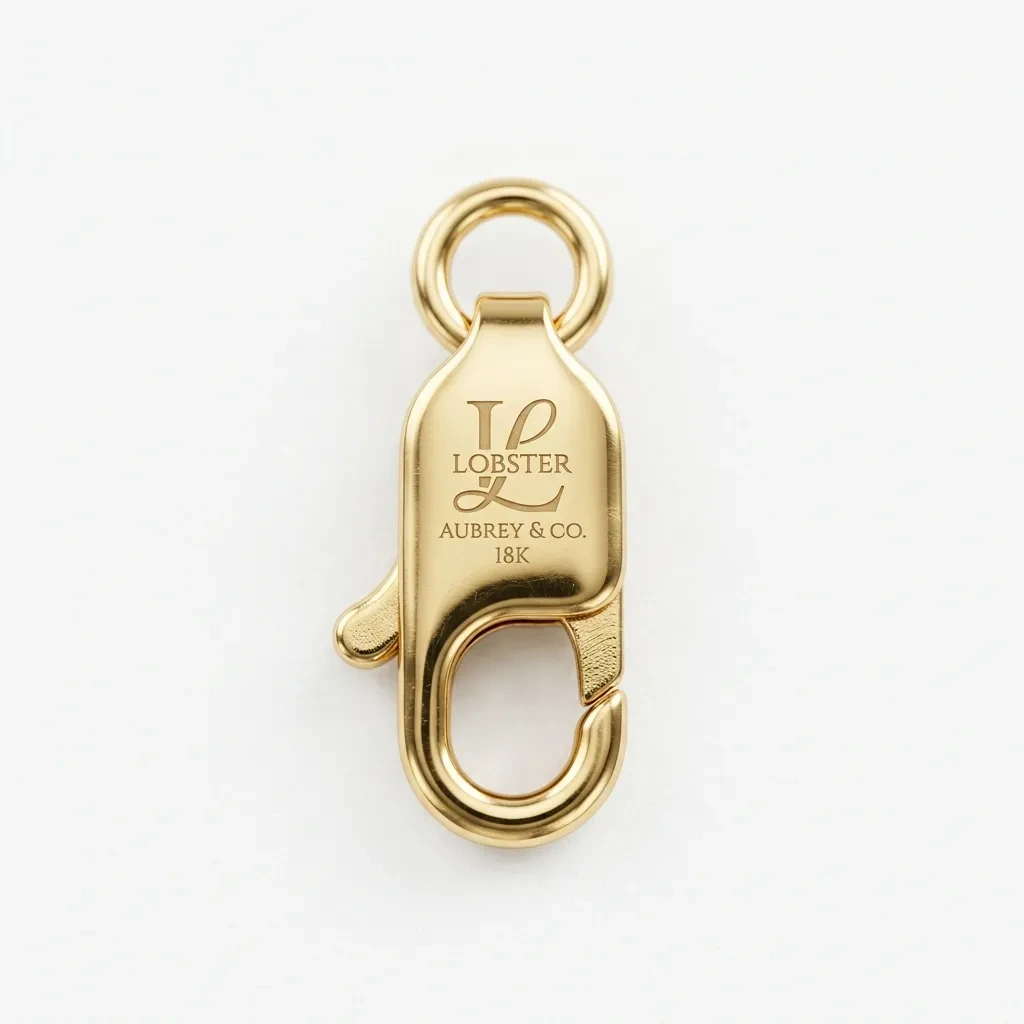 Lobster clasp with logo – wholesale jewelry fastener, 1:1 product shot on white background, perfect for OEM catalogs and online wholesale listings