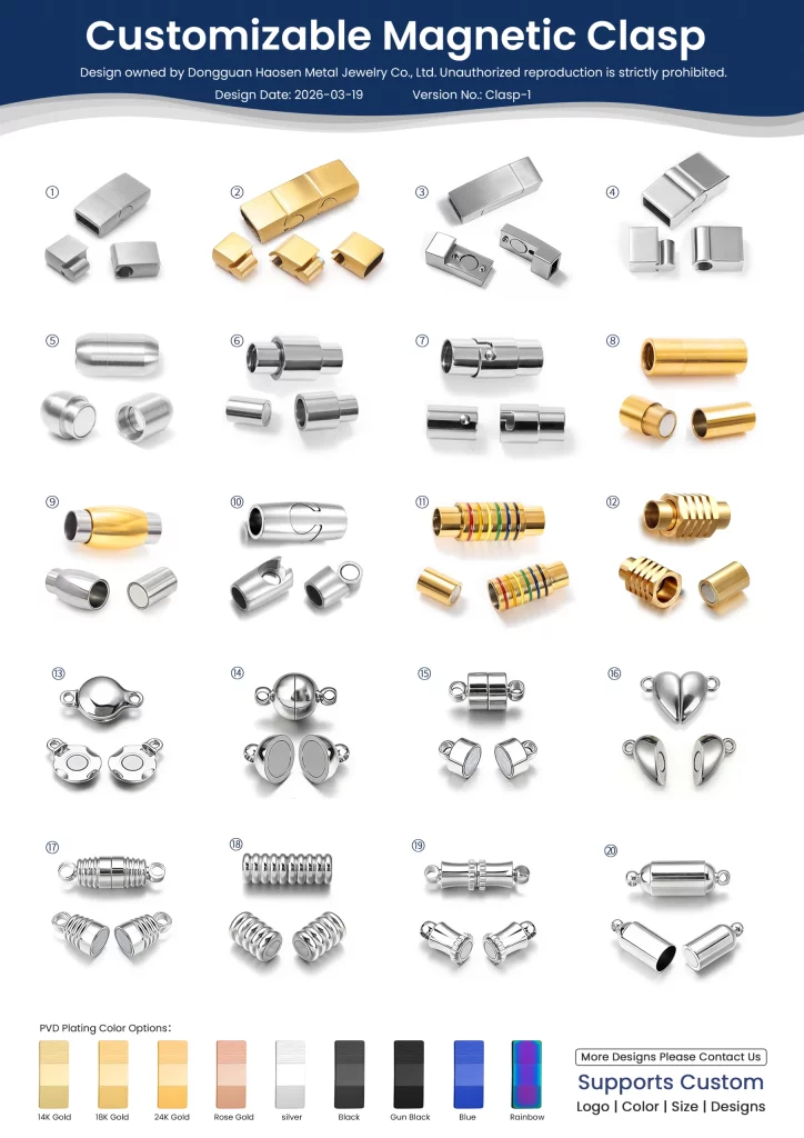 OEM magnetic clasp design options for jewelry, offering custom logo engraving and functional hardware solutions for B2B global buyers.