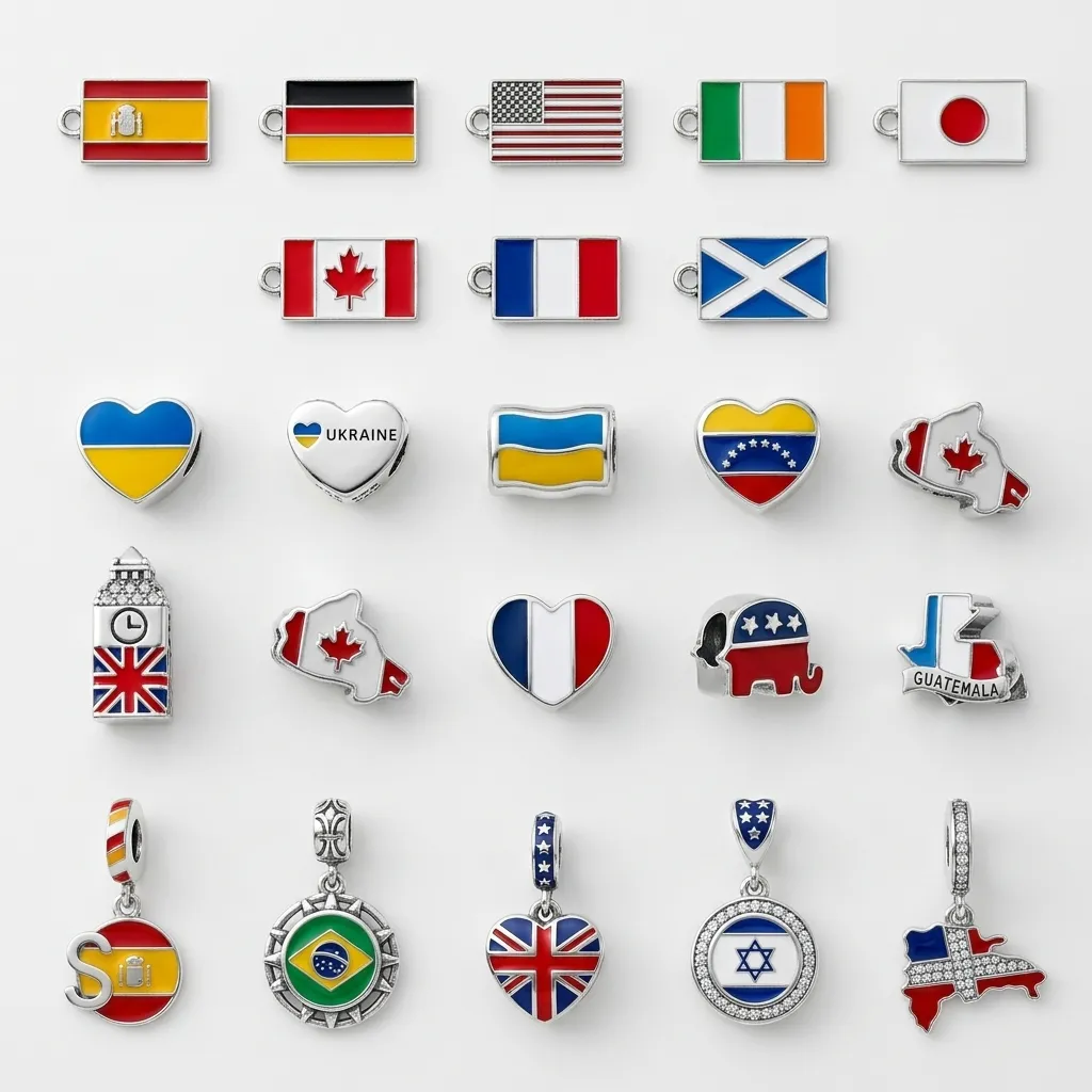 Custom flag charm guide – B2B reference for OEM/ODM flag-themed charms with precision enamel coloring, available in stainless steel, brass, or zinc alloy, ideal for patriotic and souvenir charm bracelet collections, bulk order ready.