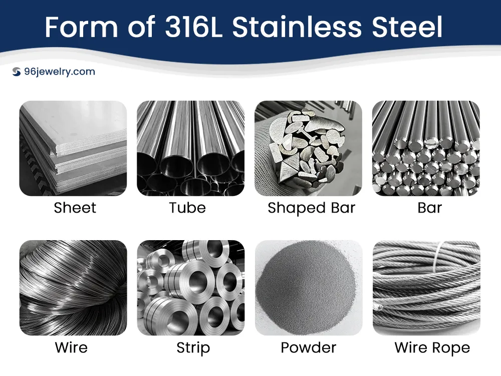 Various industrial forms of raw material used by 316L stainless steel manufacturer Haosen, including sheets, tubes, and bars for custom jewelry production.