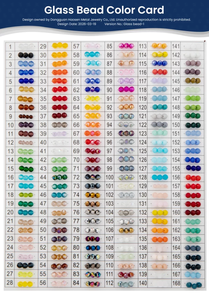 Comprehensive glass bead color card for bulk procurement, supporting custom jewelry designs and high-volume B2B supply chain needs.