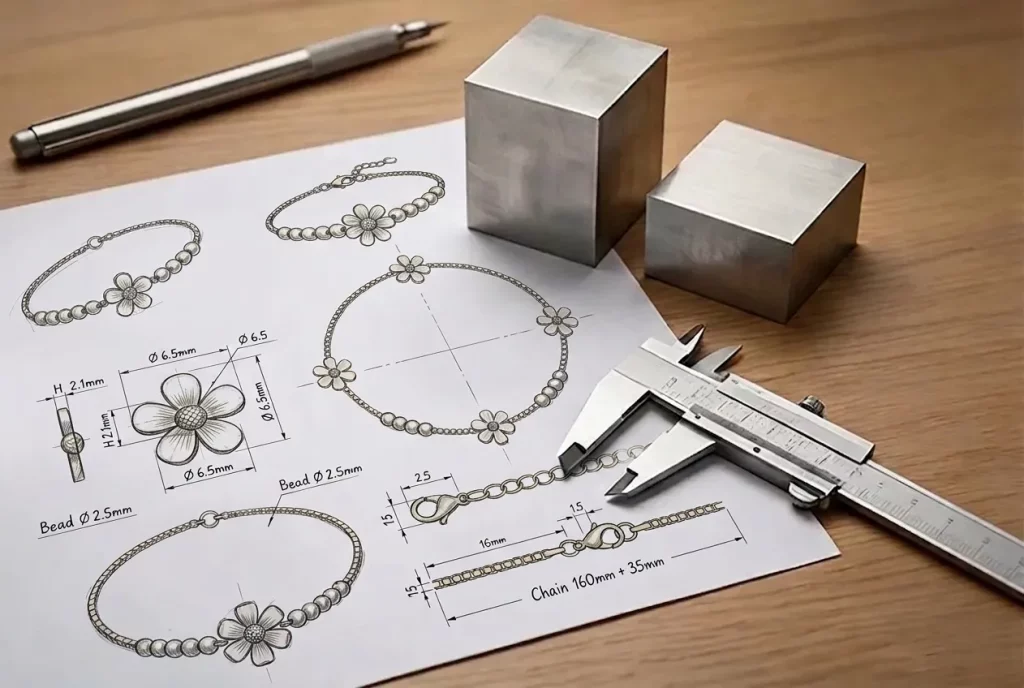Jewelry design sketch on wooden tabletop – technical drawings for 316L stainless steel pendant bracelet, with raw steel block, vernier caliper, and drafting pen, showcasing OEM design process
